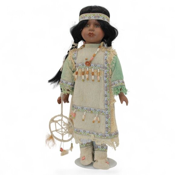 Native American-Inspired Porcelain Doll With Beaded Accessories Dreamcatcher & B - Picture 1 of 12